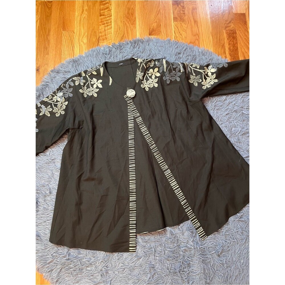 K Riley Dark Gray Floral Print Long Sleeve Jacket Stripe Trim Size XL